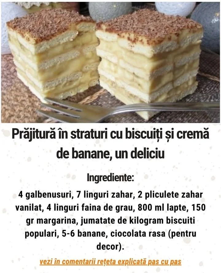 Prajitură în straturi cu biscuiți și cremă de banane Prajitură în straturi cu biscuiți și cremă de banane, un desert delicios.
