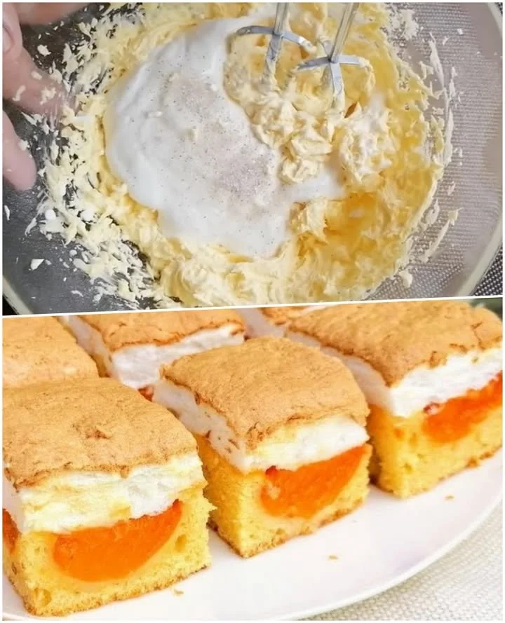 Prăjitură la tavă cu bezea și caise Prăjitură cu bezea și caise, servită pe un platou elegant.