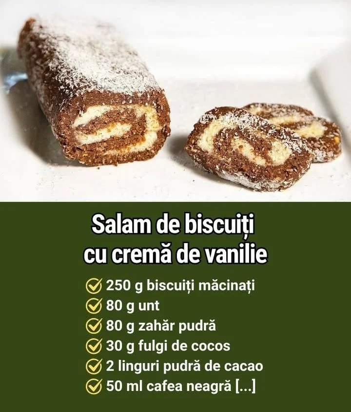 Salam de biscuiți cremos, cu vanilie Salam de biscuiți cremos cu vanilie, un desert delicat și gustos