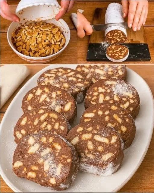 Salam de Ciocolată fără Coacere cu Biscuiți Salam de Ciocolată fără coacere cu biscuiți, delicios și ușor de preparat
