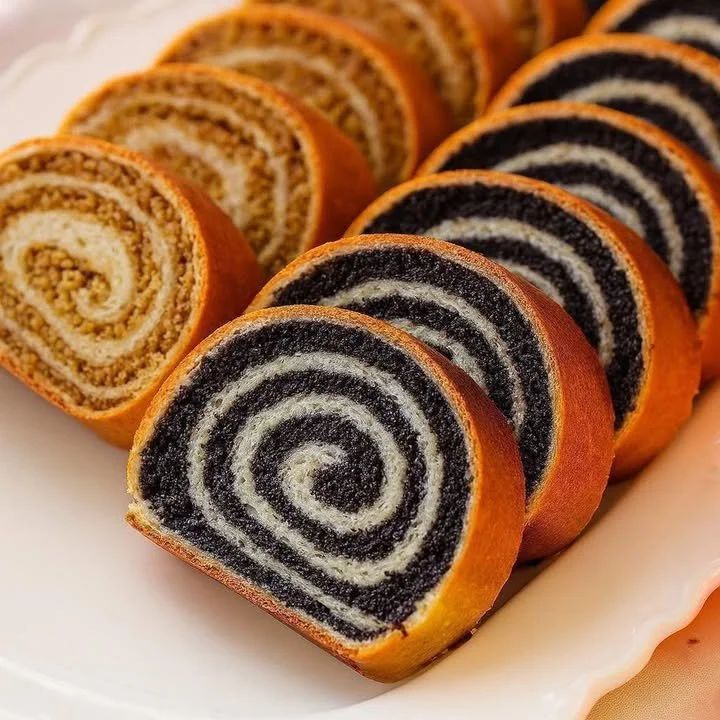 Ștrudel cu mac și nucă Strudel cu mac și nucă proaspăt copt, servit pe o farfurie.