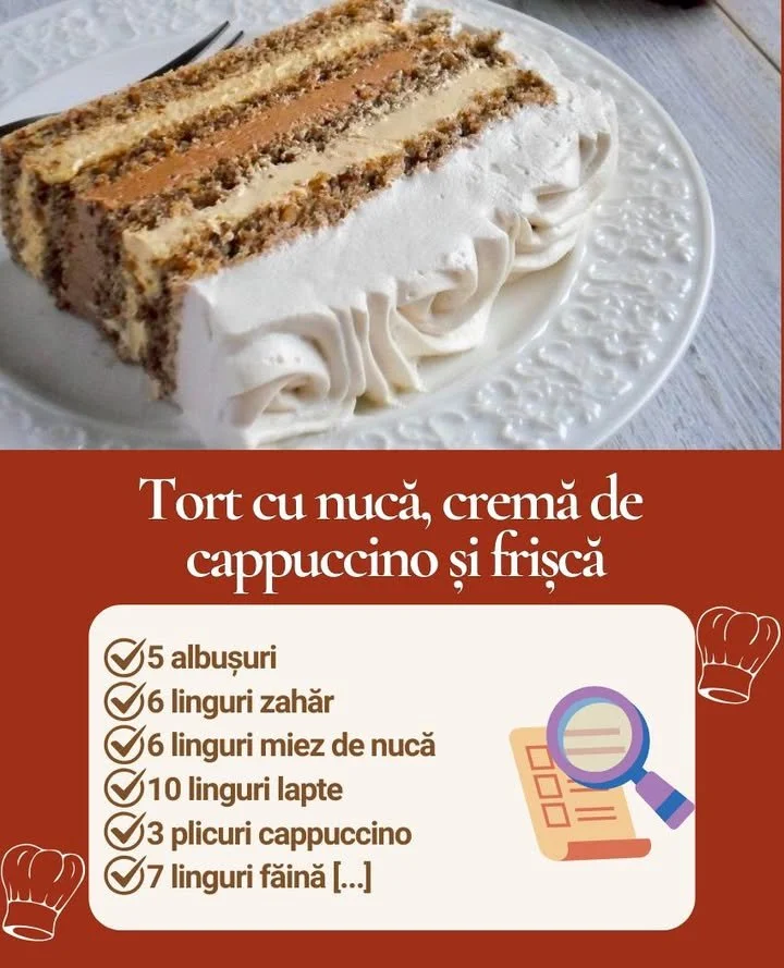 Tort cu frișcă, cremă de cappuccino și nucă Tort cu frișcă, cremă de cappuccino și nucă, un deliciu de savurat