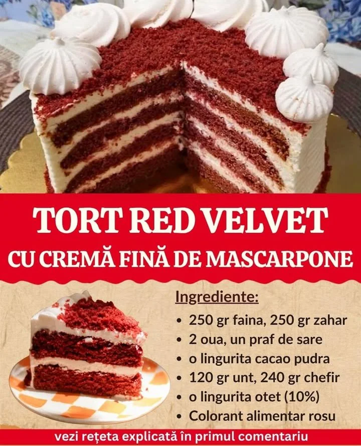 Tort Red Velvet cu cremă de mascarpone, un desert decadent și elegant.